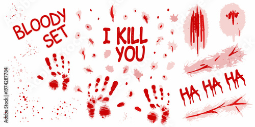 Bloody handprints and text with a disturbing graphic silhouette