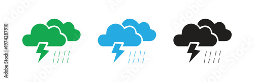 three stylized weather icons featuring stormy clouds with lightning and rain in green blue and black isolated on transparent background