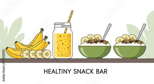 Illustration of healthy snack bar setup featuring fresh bananas, a refreshing fruit smoothie in glass jar, and two bowls of yogurt topped with granola