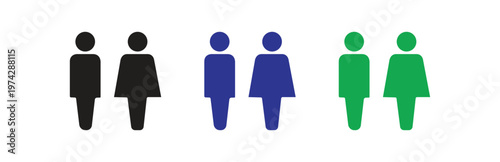 Multiple variants of simple flat male and female person icons in black, blue, and green, representing gender and population, isolated on transparent background vector set.