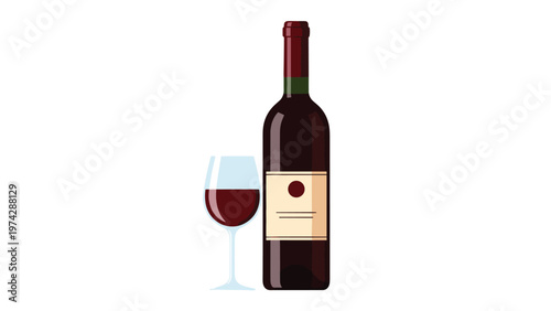 Detailed illustration of a dark wine bottle alongside a glass partially filled with red wine against a white backdrop.