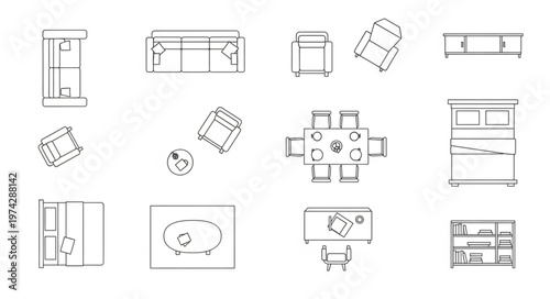 Architectural Furniture Layouts - Top-Down Views for Interior Design Planning.
