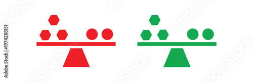 Multiple variants of red and green balancing scales with geometric hexagonal and circular shapes illustrating equality and comparison, isolated on transparent background. (178 characters)