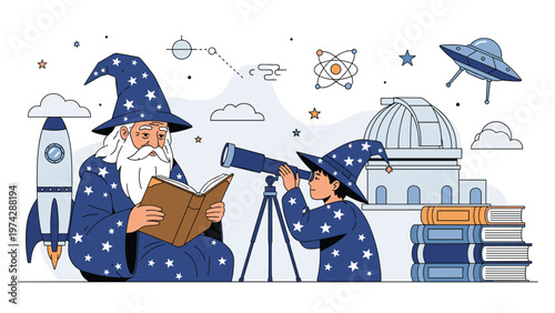 Wise old wizard reads an ancient book to a young student using a telescope in an astronomical observatory with stars.