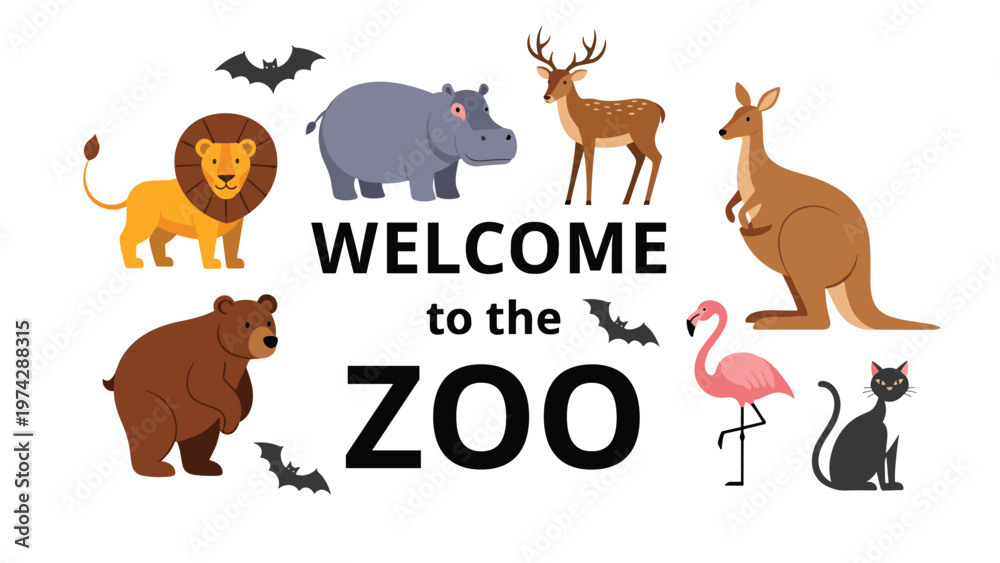 Obraz premium Welcome to the zoo sign is surrounded by diverse wild animals such as a lion hippo bear kangaroo and pink flamingo.
