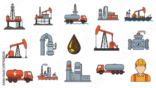 Comprehensive set of icons represents the petroleum industry including drilling rigs tankers pipelines and oil workers.