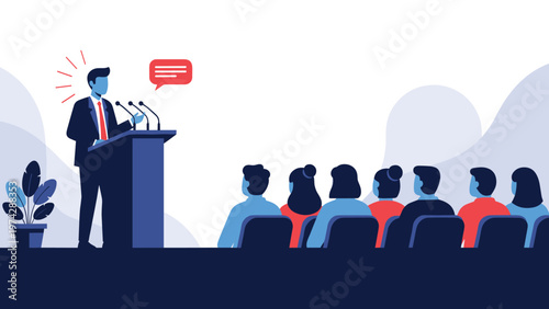 Professional speaker delivers a lecture from a blue podium to a group of people sitting in a dark conference hall.