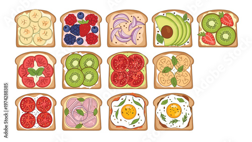 Delicious assortment of healthy breakfast toasts are topped with various fruits vegetables and eggs for a balanced meal.