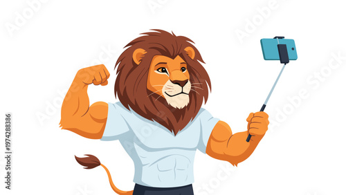 Strong cartoon lion with muscular arms wears a white shirt and takes a photo using a smartphone on a selfie stick.