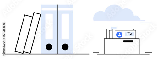 Document storage. Visual concept of document storage with file folders and CVs in cloud-based systems. Document storage promotes organization and efficient data access. For HR, education, business