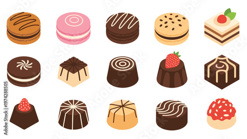 Assorted gourmet chocolate pralines and desserts are decorated with various patterns and toppings like fresh strawberries.