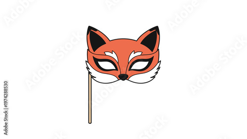 Festive paper mask of a red fox is attached to a wooden stick for use as a fun costume accessory or photo prop.