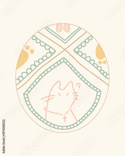Cute hand drawn cat with cross necklace inside circle pattern with decorative lines and footprints in pastel tones on textured background. Christian Easter concept, faith, minimal, vector illustrator.
