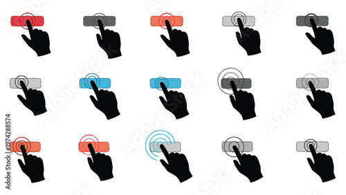 Set of user interface icons features a black hand pressing different rectangular buttons with colorful ripple effects.
