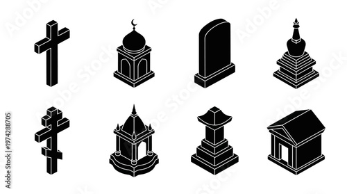 Gravestone Tombstone Icon Silhouette Vector Set