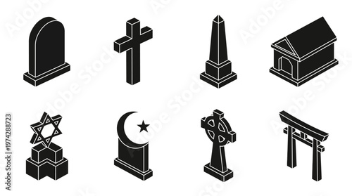  Religious Gravestone Monument Silhouette Vector Set