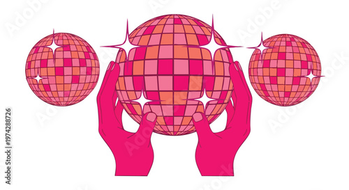 Disco Balls and Hands. Retro Party. 70s Style. Pink and Orange. Celebration.