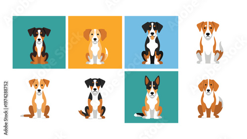 Grid of stylized dog portraits features various popular breeds with distinct facial features and coat colors in a flat style.