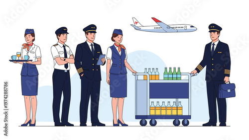 Professional airline crew members including pilots and flight attendants stand together with a service cart and plane.