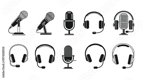 Collection of monochrome icons displays various recording equipment including microphones headsets and headphones for audio.