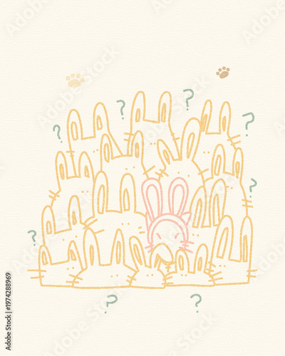 Cute bunny illustration with one pink rabbit standing out among yellow rabbits. Minimal hand drawn pastel style with question marks, symbolizing confusion, uniqueness for Easter holiday concept.