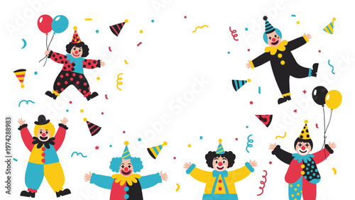 Playful circus frame is decorated with happy clowns in colorful outfits surrounded by confetti and party balloons.
