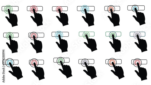 Grid of interactive icons shows a hand clicking on different buttons with colorful circular wave patterns for web design.
