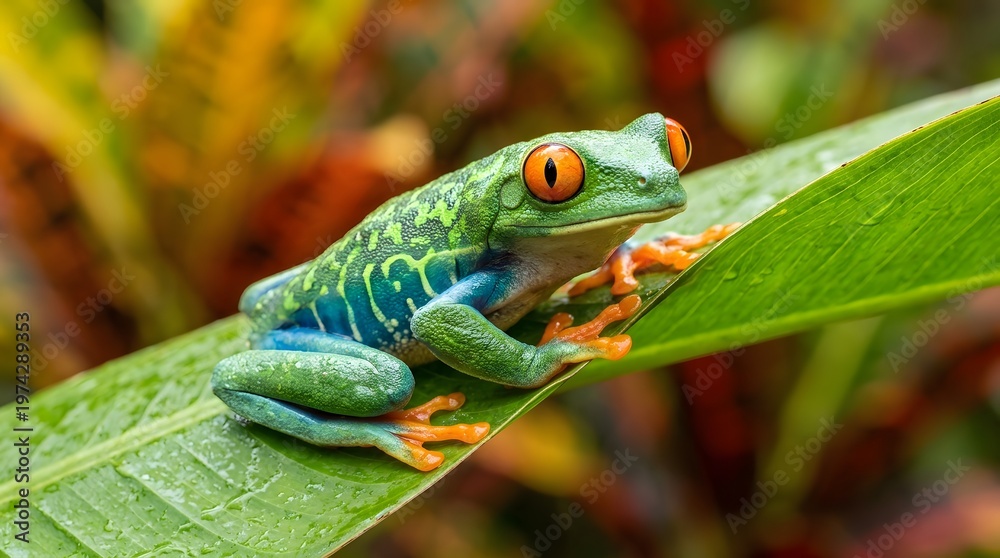 Obraz premium Colorful red-eyed tree frog perched on a vibrant green leaf