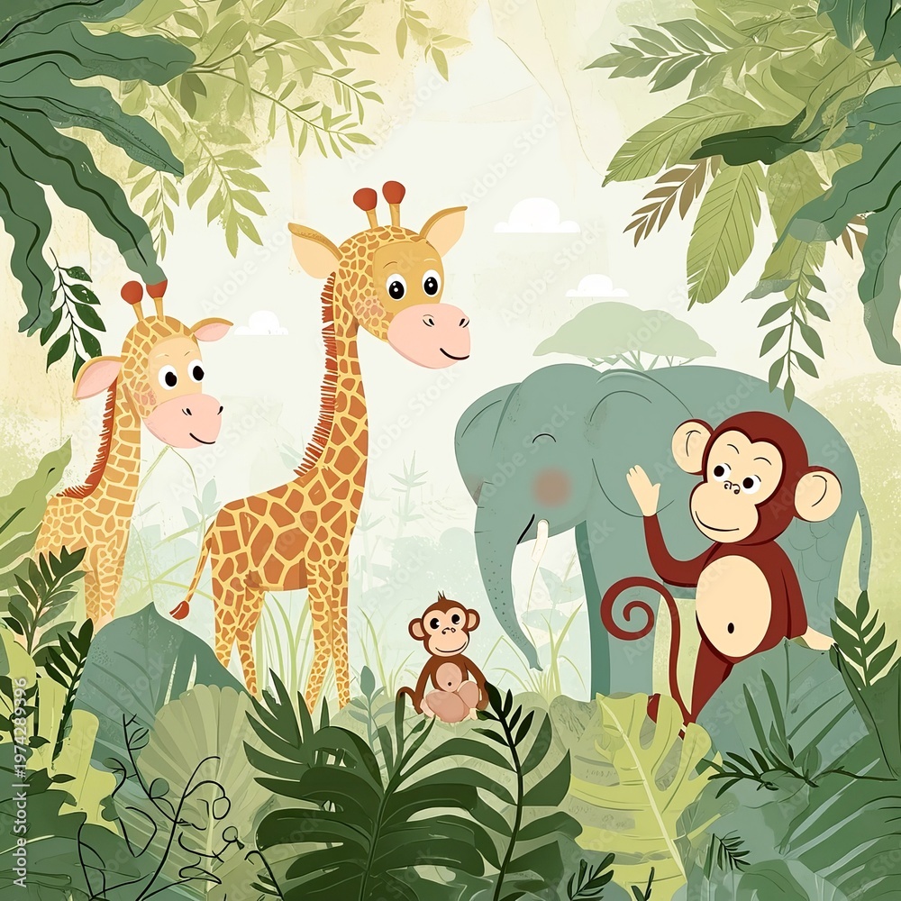 Naklejka premium Whimsical jungle scene depicts giraffes, elephant, monkeys amidst lush green foliage, creating playful atmosphere.