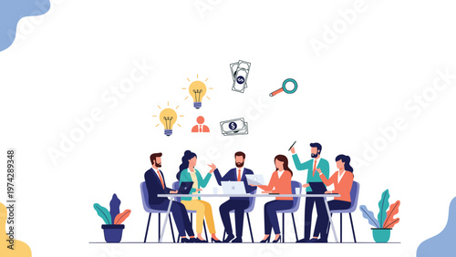 Team of professionals sitting at a long table collaborating on a project with conceptual icons of ideas and money above them.