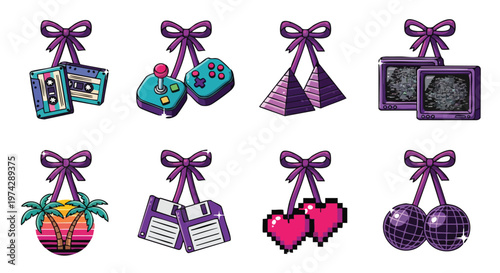 Retro 80s Pixel Art Icons with Purple Bows