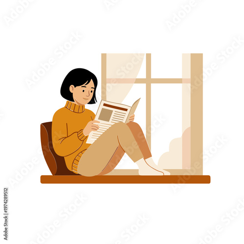 Woman sitting on windowsill reading newspaper at home indoors