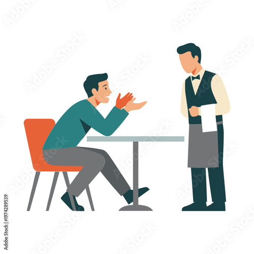Man discusses menu with waiter at a table in a restaurant