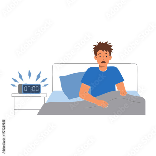 Man wakes up in bed next to alarm clock on nightstand