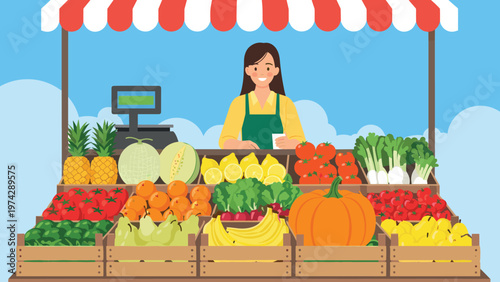 Smiling female vendor standing behind a colorful market stall filled with fresh fruits and vegetables in wooden crates.