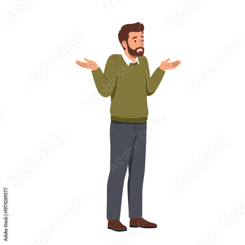 A man shrugs in confusion standing alone in an empty space