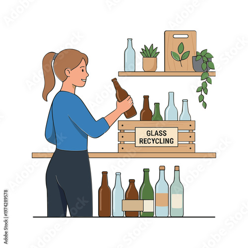Woman collecting glass bottles for recycling in a storage room with shelves and plants
