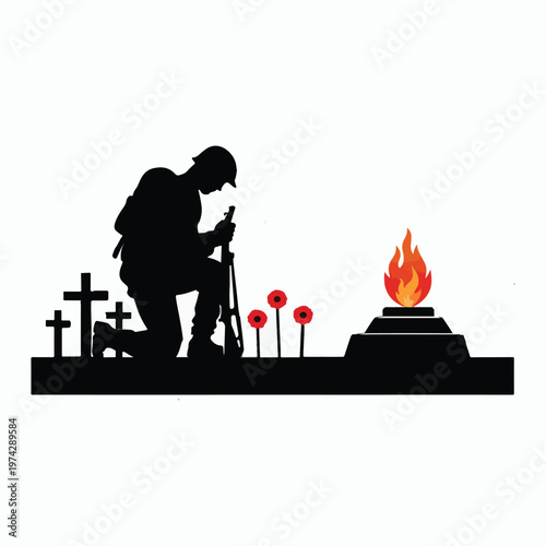 Remembrance Day soldier silhouette kneeling with rifle, crosses, poppies and eternal flame tribute vector artwork
