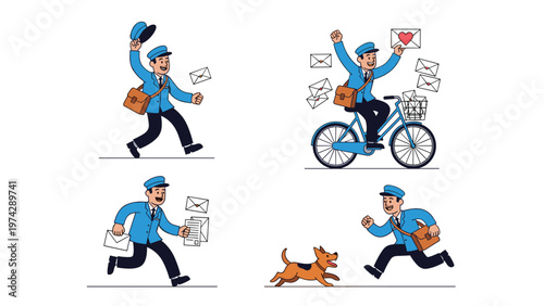 Set of four illustrations showing a friendly postman delivering mail on foot, by bicycle, and running from a small dog.