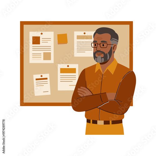 A man stands confidently in front of a bulletin board displaying papers.