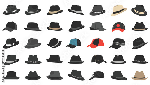 Large set of various men's and women's hats including fedoras, baseball caps, and sun hats in different colors and styles.