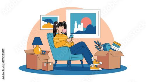 Teenage girl sitting in a blue armchair in a new room filled with moving boxes and paintings while using her smartphone.
