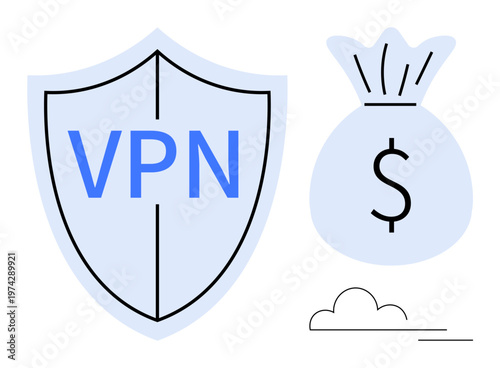 Cybersecurity, financial transactions, online privacy, data encryption, financial safety, internet security. Shield with VPN text and money bag with dollar sign. Cybersecurity and financial