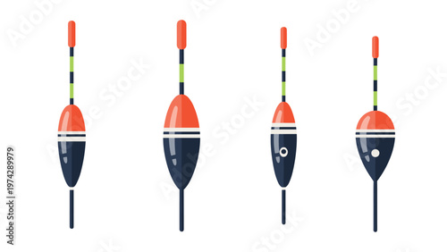Set of four different colorful fishing floats used for angling isolated on a clean and simple white background.
