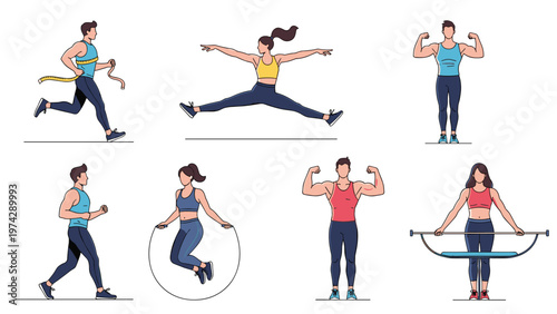 Collection of diverse people performing various physical activities like running, jumping, weightlifting, and skipping rope for fitness.