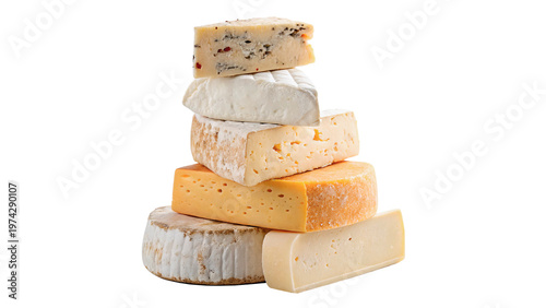 Fotografie Various types of cheese stacked in different shapes and sizes  isolated on trans