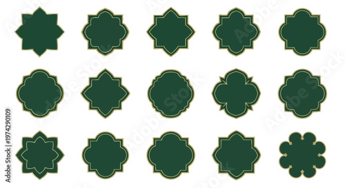 Collection of decorative Islamic frames, labels, and badges in dark green and gold.