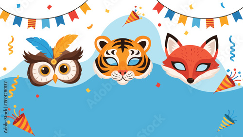Three colorful animal masks of an owl, tiger, and fox with party confetti and crackers on a bright blue background.
