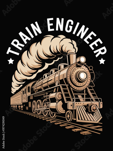 A stylized steam locomotive is depicted on a black background. Smoke billows from the engine as it travels along the tracks.