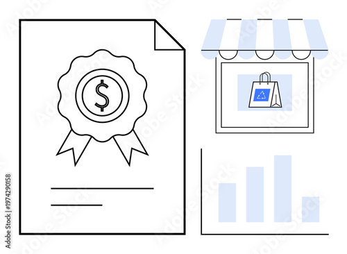 Finance, e-commerce, certification, business strategy, analytics, economic growth. Dollar certification, shopping bag store bar chart. Finance and e-commerce as a growth symbol